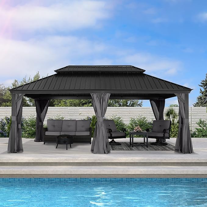 ABCCANOPY Hardtop Gazebo 12x20 - Outdoor Metal Hard Top Gazebo, Permanent Galvanized Steel Aluminum Framed Pavilion with Netting and Curtain for Patio Backyard Lawn Garden (Double Roof, Gray)