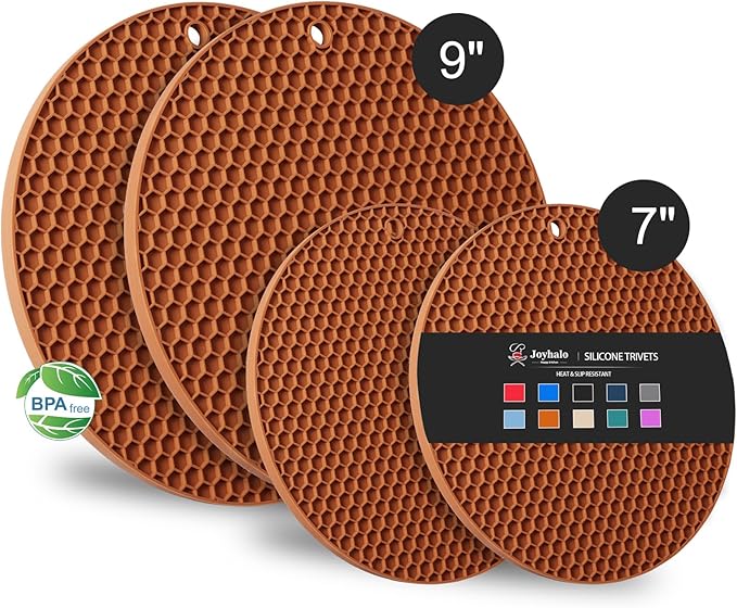 Joyhalo Trivets for Hot Dishes - Hot Pads for Kitchen, Silicone Pot Holders for Hot Pots and Pans, Silicone Mats for Kitchen Countertops, Table, Flexible Easy to Wash and Dry, Brown