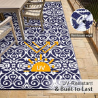 OLANLY Outdoor Rug Waterproof 9x12 ft Clearance, Reversible Outdoor Plastic Straw Rug with Floral Pattern, RV Mat for Patio, Camping, Balcony, Deck, Backyard, Navy & White