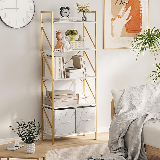 5 Tier Industrial Bookcase Shelf for Bedroom/Living Room/Home Office,Rustic Tall Storage Rack with 2 Drawers,Open Display Standing Shelf Units Shelves for Books and Movies, 22.4 in (Gold,2 Drawers)