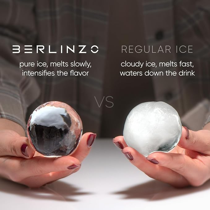 Berlinzo Ice Ball Maker Mold - 2 Clear 2.4in Whiskey Spheres, Non-Electric | Silicone, BPA-free, whiskey and bourbon, slow-melt, easy release, 2-count, storage bag included