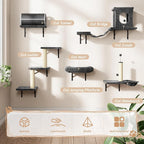 NUNU LAB 7-in-1 Cat Wall Shelves, Wall Mounted Cat Climber Set, Cat Furniture with House, Tunnel, Bridge, Steps, Scratcher, Hammock, Shelves for Indoor, Drak Grey