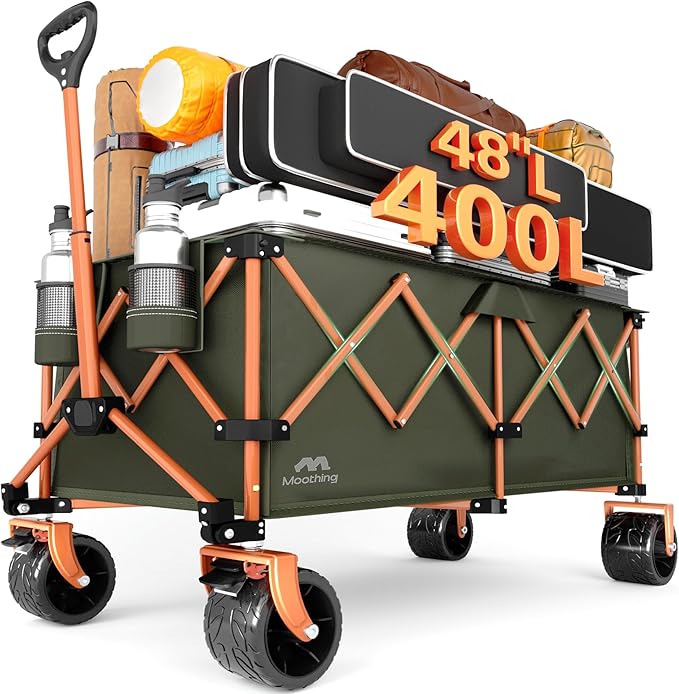 48”L Foldable Wagons Carts Extended, Collapsible Folding Wagon 500lbs Heavy Duty, 320L Large Beach Wagon, Utility Wagon with All Terrain Big Wheels for Sports, Camping, Grocery, Garden, Green