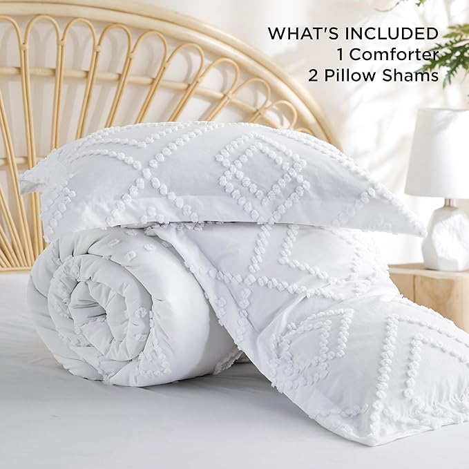 Bedsure Boho Comforter Set King - White Tufted Bedding Comforter Set, 3 Pieces Farmhouse Shabby Chic Embroidery Bedding Set, Soft Geometric Pattern Comforter for All Seasons