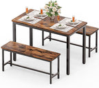 Dining Table Set for 4, Kitchen Table with 2 Benchs, Brown | Modern Functional 3 Piece Space-Saving Dining Room Table Set for Apartment, Breakfast Nook, Small Space