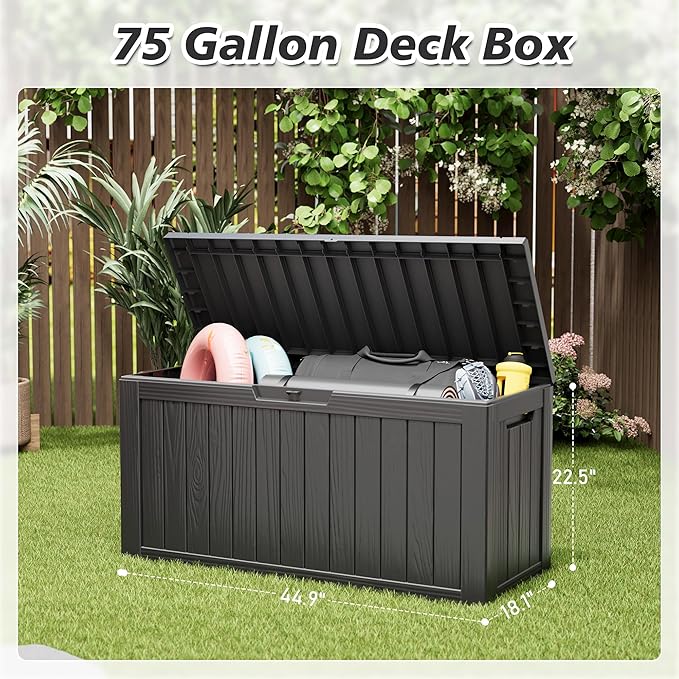 KAMABOKO Deck Box, 75 Gallon Resin Indoor and Outdoor Storage Boxes Waterproof for Garden Tools, Pool Accessories Storage Bench, Patio Furniture and Cushions with Lockable Lid, Black
