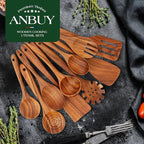 ANBUY Teak Wood Kitchen Utensils Set, Heat Resistant Wooden Spoons for Cooking, 10 Pcs Cooking Utensils Set Wooden, Wood Utensils Set for Cooking Food