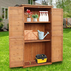 Outdoor Storage Cabinet, Wood Garden Shed, Pool Storage Shed with Lockable Door, Waterproof Roof and 2 Removable Shelves, Vertical Outside Storage Shed for Patio, Backyard and Lawn, Oak Brown