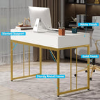 47’’ Computer Desk with 2 Drawers, White Gold Writing Desk Make Up Vanity Table