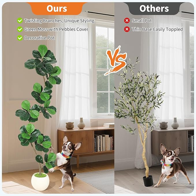 GarveeHome Fiddle Leaf Fig Artificial Tree with White Planter,7ft Faux Plants Indoor with Moss, Fake Rubber Tall Fake Floor Plant in Pot - Artificial Trees for Home Office Living Room Decor