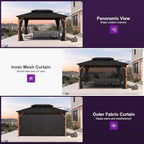 PURPLE LEAF 10' X 14' Hardtop Gazebo with Storage Box Outdoor Wood Grain Aluminum Frame Galvanized Steel Double Roof Gazebos with Netting and Curtains for Patio Deck Backyard Garden
