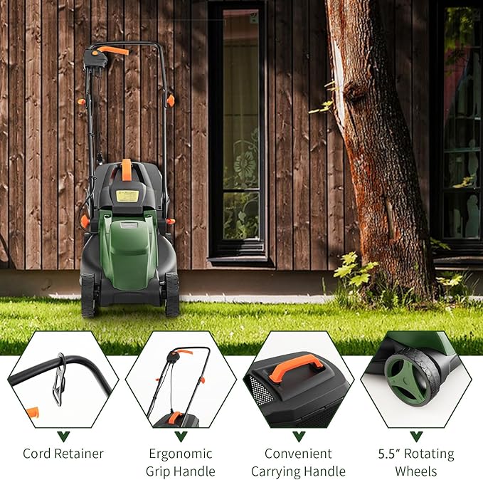 Goplus Lawn Mower, Electric Lawn Mowers with Grass Collection Box, 10 AMP Motor, 13" Cutting Deck, 3 Adjustable Cutting Positions, Walk-Behind Small Corded Lawnmower for Garden Farm Yard