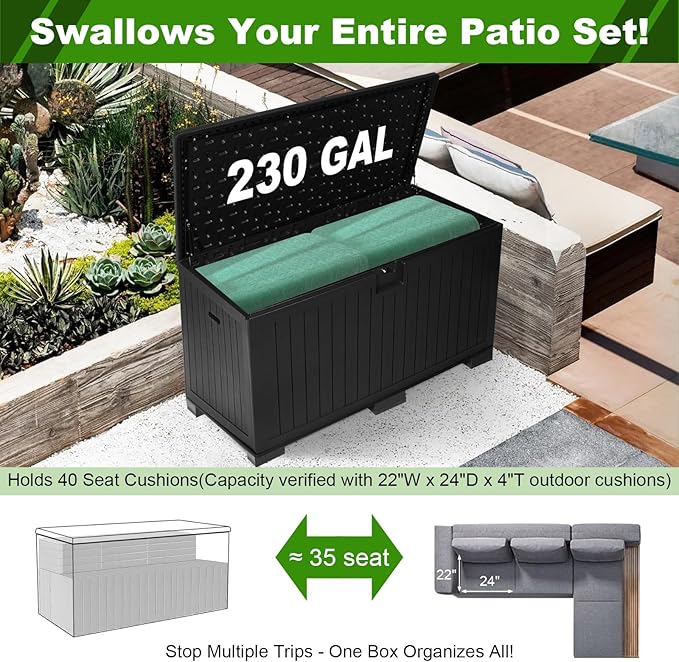 230 Gallon Outdoor Storage Box Waterproof, Extra Large Plastic Outside Deck Box Weatherproof, Resin Patio Storage Bin with Lock and Lids for Pool Equipment, Cushion, Black