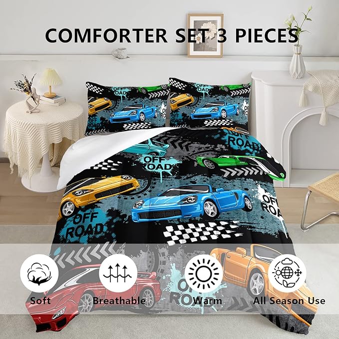 Axolotl Car Comforter Set Queen Size,Cool Speed Race Car Comforter for Kids Boys Girls Teens Bedroom,Extreme Sport Quilt Duvet 1 Comforter 2 Pillowcase Car Racing Gifts,Blue Red Orange