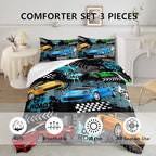 Axolotl Car Comforter Set Queen Size,Cool Speed Race Car Comforter for Kids Boys Girls Teens Bedroom,Extreme Sport Quilt Duvet 1 Comforter 2 Pillowcase Car Racing Gifts,Blue Red Orange