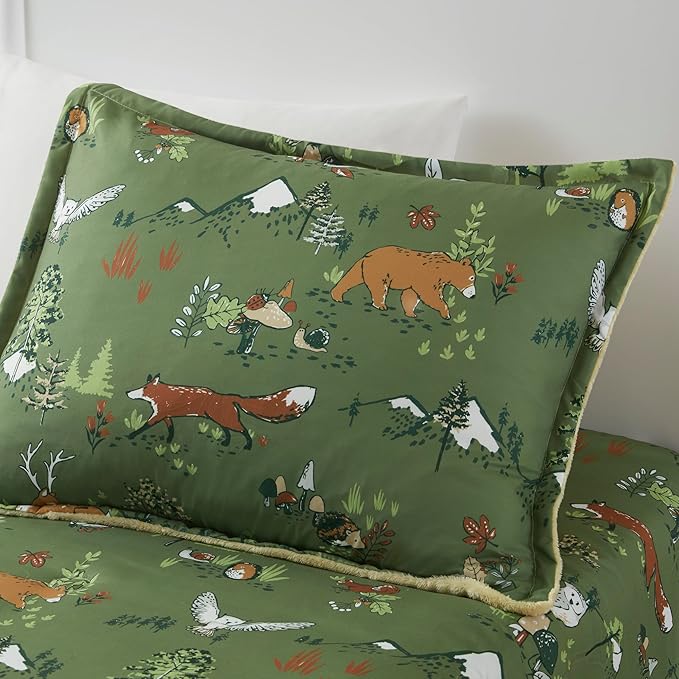Mi Zone Kids Twin Comforter Set, Reversible Plush Kids Comforter Set, Cozy Plush Reverse Bedding, Winter Fluffy Comforter Bed Set, 1 Sham, Enchanting Forest Animals, Heath, Twin, Sage Green 2 Piece