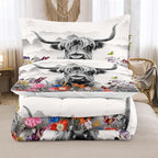 Tailor Shop Highland Cow Comforter Sets Twin Size,Highland Cow Bedding Set for Teens Kids Man,Cattle Comforter Western Animal Wildlife Farmhouse Bull Mountain Flower Comforter with 1 Pillowcase