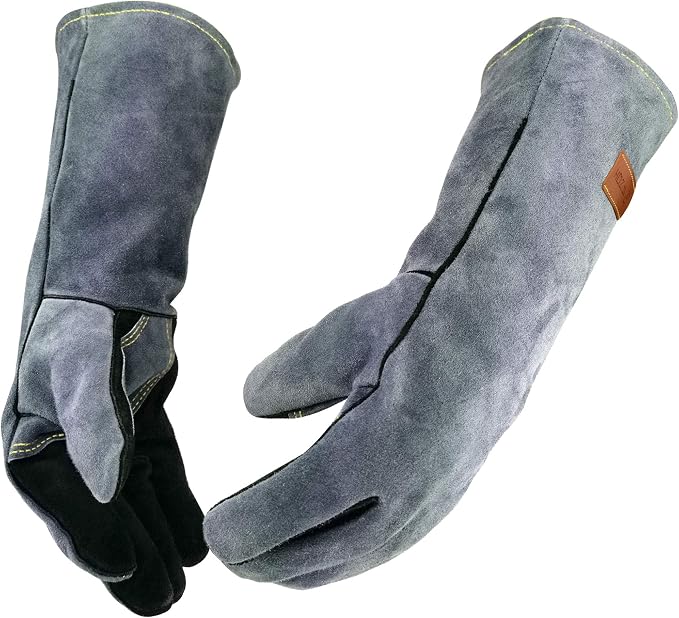 WZQH 14 In,932℉,Welding Gloves,Fireplace Glove,Fire & Heat Resistant,S | Mitt for BBQ,Oven,Grill,Tig,Mig,Baking,Furnace,Stove,Pot Holder,Animal Handling Glove, Forge,etc.Leather,Small,Black-gray