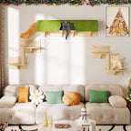 7-in-1 Cat Shelves for Wall, Cat Wall Furniture Set with Tunnel | Multi-Level Floating Cat Shelves for Space Saving, Solid Wood Cat Climbing System with Scratching Posts, Burlywood