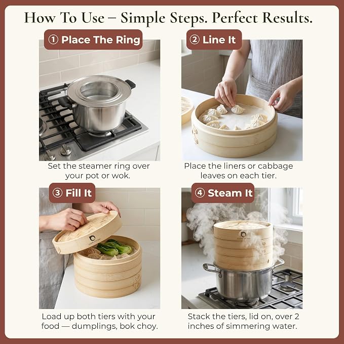 Bamboo Steamer Basket 10-Inch, 2-Tier Dumpling Steamer Cooking | Incl. Silicone Liners, Sauce Dish, Chopsticks - Steam Baskets for Food, Dim Sum, Bao Bun, Rice, Momo, Rice, Vegetables