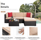Shintenchi 5 Pieces Patio Furniture Sets Outdoor All-Weather Sectional Patio Sofa Set PE Rattan Manual Weaving Wicker Patio Conversation Set with Glass Table&Ottoman Cushion and Red Pillows