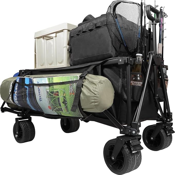REDCAMP 49" L Extended Collapsible Beach Fishing Cart with Rod Holders, 330LBS Heavy Duty Extra Large Folding Utility Garden Cart with Tailgate and Big All-Terrain Wheels for Grocery, Sport, Fishing