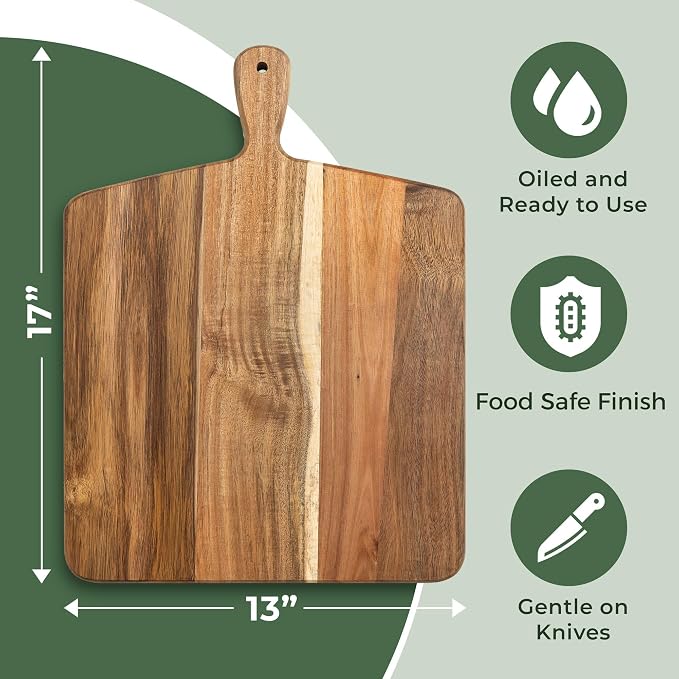 Acacia Wood Cutting Board and Chopping Board with Handle for Meat, Cheese Board, Vegetables, Bread, and Charcuterie - Decorative Wooden Serving Board for Kitchen and Dining Room, Large 17" x 13"