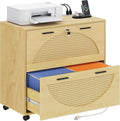 YITAHOME 2 Drawer File Cabinet with Charging Station, Rattan Filing Cabinet with Lock, Wood File Cabinet with Wheels, Home Office Furniture Fits A4, Letter, Legal Size Files