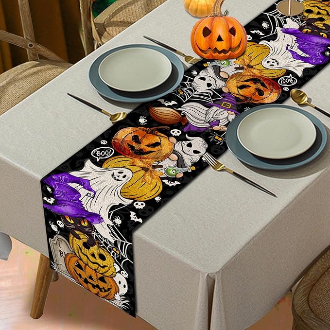 Halloween Table Runner Pumpkin Black Cat Halloween Table Runners 72 Inches Long Happy Halloween Boo Ghost Theme Decor for Kitchen Dining Table Home Party Decorations