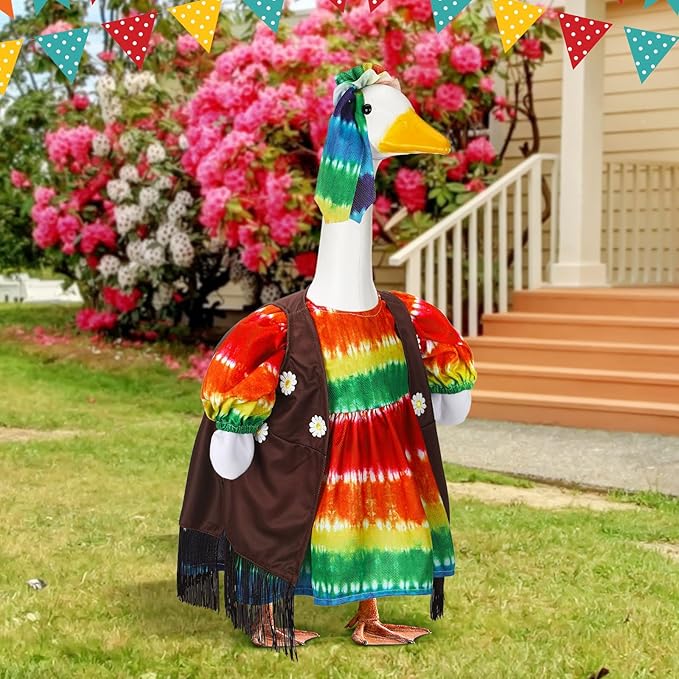 Suzile Hippie Goose Outfit Tie Dye Party Decoration Dresses Clothes for 23" High Cement or Plastic Porch Goose Costume for Holiday Yard Lawn Outdoor Garden Patio Groovy Party Rainbow Pride Statue