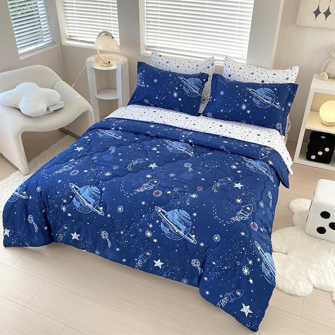 7 Piece Boys Space Comforter Set Twin Size Bed in A Bag Star Rocket Galaxy Universe Planets Bedding Set for Kids Teens Girls Microfiber Blue Quilt All Season