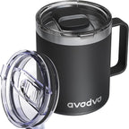 12oz Insulated Coffee Mug with Lid – Includes Two Lids, Stainless Steel Coffee Travel Mug with Handle, Double Wall Vacuum Insulated Camping Mug for Home, Office & Outdoor, Black