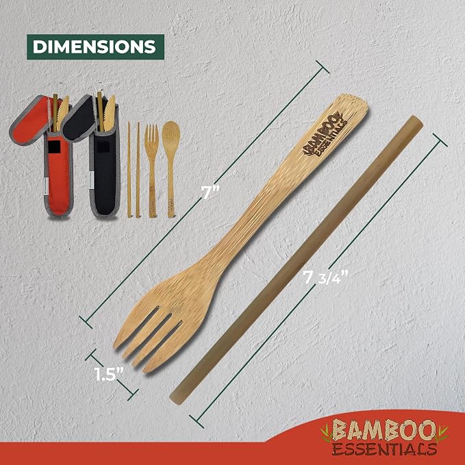 Travel Utensils with Case Set Fork, Knife, Spoon, Chopsticks, Straw, Straw-cleaning brush, Travel Pouch and Carabiner, Excellent For Everyday Use! ((2 Sets) Midnight Black/Sunset Red)