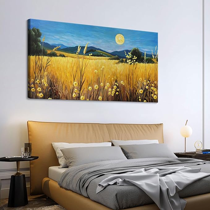 AJAZIKO Landscape Wall Art Moon Framed Canvas Wall Art Large Yellow Living Room Wall Decor Fall Paintings for Bedroom Nature Office Artwork 24×48IN