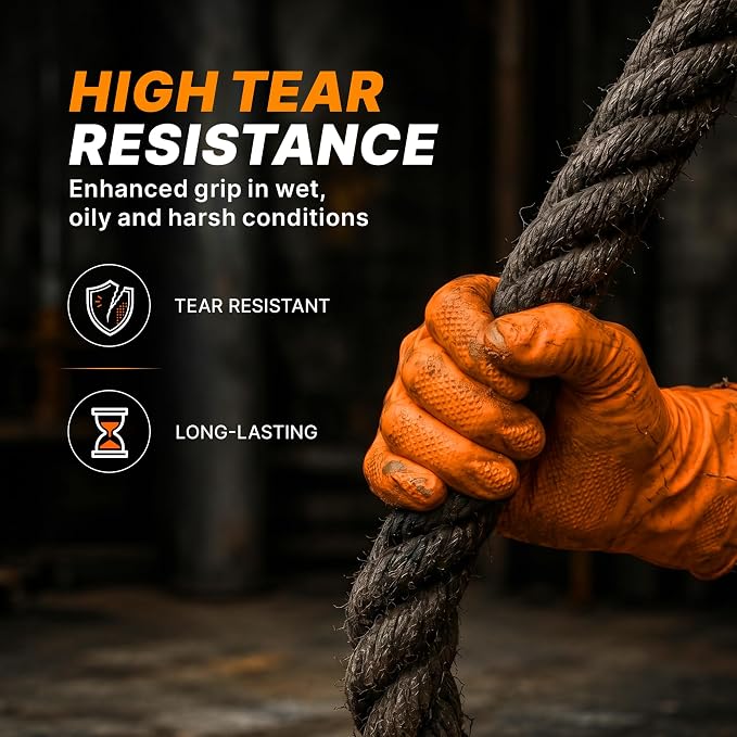 TitanFlex Heavy Duty Industrial Orange Nitrile Gloves, 8-mil, Gloves Disposable Latex Free with Raised Diamond Texture Grip, Powder Free, Rubber Glove, Mechanic Gloves,100-ct Box (Medium)