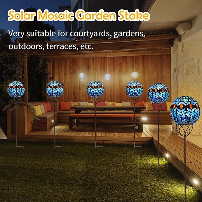 Afirst Solar Outdoor Garden Lights Decorative - Mosaic Solar Stakes Gazing Ball Waterproof Outdoor Lights Stakes for Pathway Yard Lawn Decoration(Green)