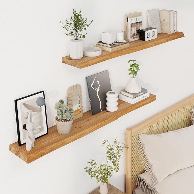 Axeman 48 inch Floating Shelves for Wall - 8'' D Live Edge Rustic Solid Elm Wood Floating Shelves Wall Mounted, Hanging Shelves with Invisible Bracket for Living Room Bedroom Kitchen, Natural
