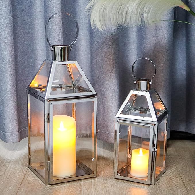 TRIROCKS Set of 2 Stainless Steel Decorative Lanterns 13"&10" H Metal Candle Holders with Tempered Glass for Home Decor Living Room Parties Events Tabletop Indoors Outdoors(Silver)