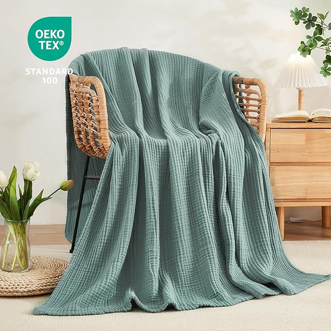 EMME Muslin Throw Blanket 100% Cotton Blankets for Couch Breathable Gauze All Season Soft and Lightweight Pre-Washed (Teal, 50"x70")
