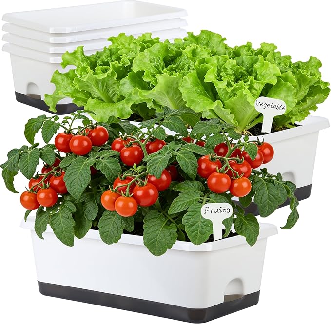 Window Box Planter 6 Pcs, 18 Inches Rectangle Flower Pots with Drainage Holes and Trays, Vegetable Planters for Windowsill Patio Garden Balcony Home Porch Yard Indoor Outdoor (White, 18*10*6 inch)