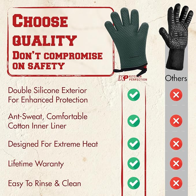 KITCHEN PERFECTION XL Silicone Griddle Gloves - Heat Resistant Oven Mitts | Waterproof, 5-Finger Design For A Better Grip, Best Griddle Grilling Accessories, Compatible with Blackstone, Weber & More