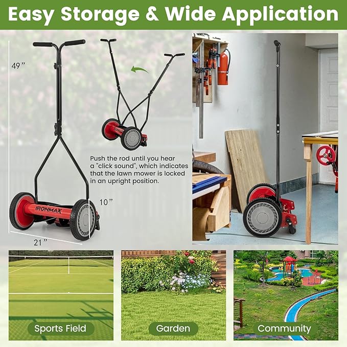 Goplus Manual Lawn Mower, 14 Inch 5-Blade Walk-Behind Cordless Grass Cutter with 7 Gallon Removable Grass Collect Bag, Adjustable Cutting Heights, Push Reel Lawn Mower for Yard, Garden