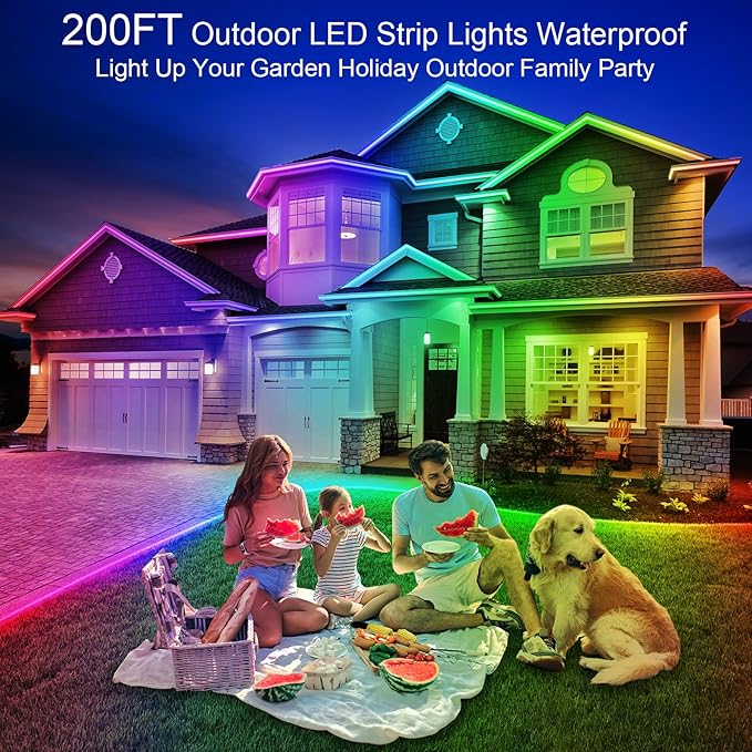 200ft Outdoor LED Strip Lights Waterproof 1 Roll,IP68 Outside Led Light Strips with App and Remote,Music Sync RGB Exterior Rope Self Adhesive Back for Deck,Balcony,Pool