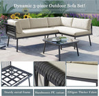 3-Piece Outdoor Patio Furniture PE Rattan Sofa Set, All Weather L-Shaped Sectional Couch with Removable Cushions and Glass Table, for Backyard Poolside Garden, Metal Frame, Onesize, Beige