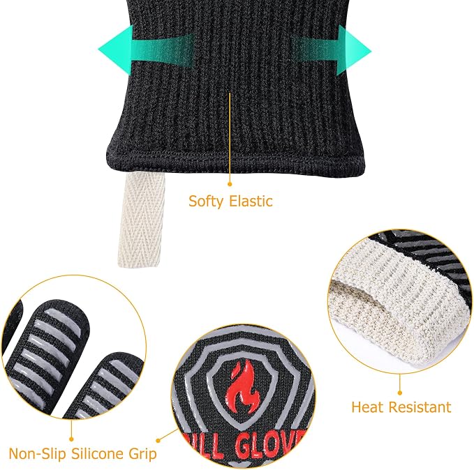 QUWIN BBQ Gloves, Oven Gloves 1472℉ Extreme Heat Resistant, Grilling Gloves Silicone Non-Slip Oven Mitts, Kitchen Gloves for BBQ, Grilling, Cooking, Baking-1 Pair… (Black, One Size(Long Cuff))
