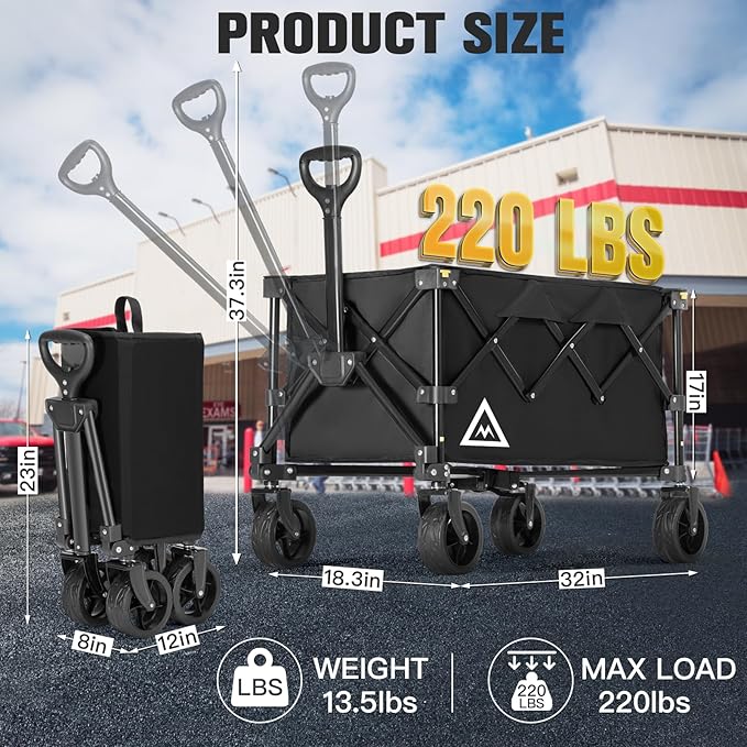 Wagon Cart Shopping Foldable Folding Collapsible with Wheels Big On Beach Garden Outdoor Grocery Heavy Duty Utility All Terrain Portable Wagons Carts for Groceries Sand Camping Sports Black