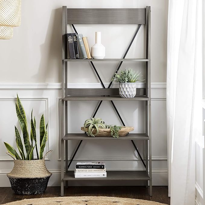 Walker Edison X Back Modern Farmhouse Wood Bookcase Bookshelf Home Office Living Room Storage, 4 Shelves, Grey