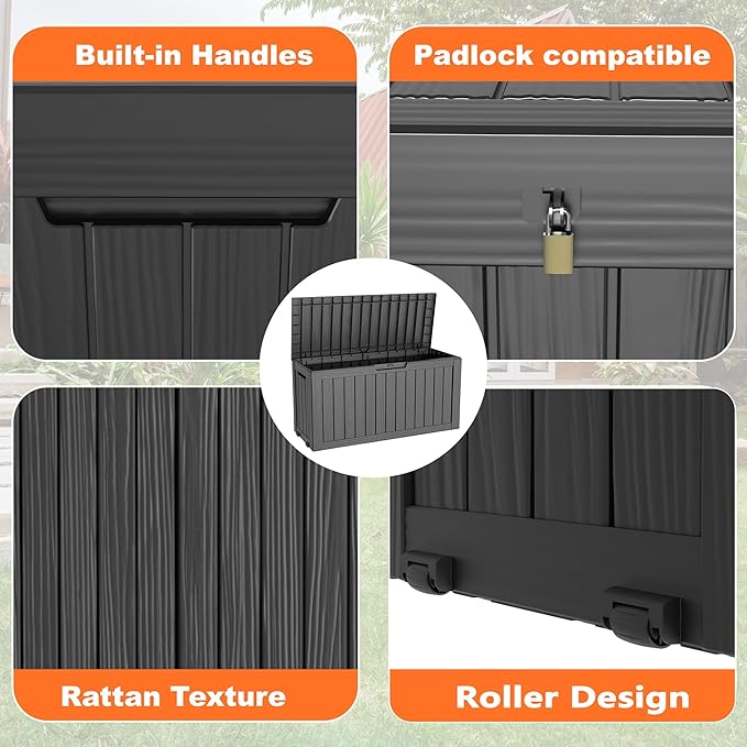 75 Gallon Large Deck Box,Resin Outdoor Storage Box with Lockable for Patio Furniture, Pool Accessories, Garden Tools Waterproof Outside Storage Box, Black