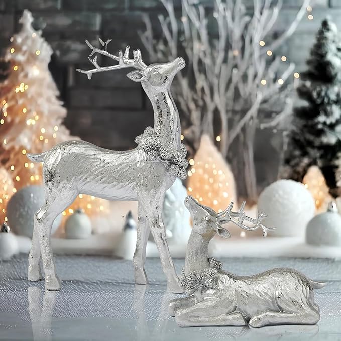 DN DECONATION Christmas Reindeer Figurines, Winter Deer Small Statues Decor, Silver Decorative Reindeer Sculptures, Resin Xmas Holiday Home Décor Accents for Office Living Room & Bedroom 2PCS