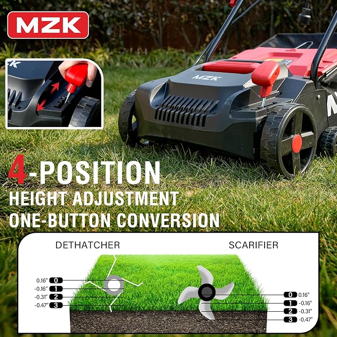 MZK 13-inch 13-Amp 2-in-1 Electric Dethatcher and Scarifier w/Removeable 4-Position Height Adjustment,Lawn dethatcher w/8-Gallon Thatch Collection Bag,Keep Lawn Health (DS13A04)